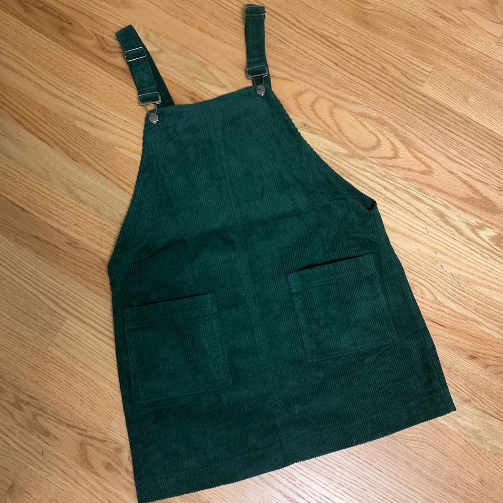Green corduroy overall mini dress